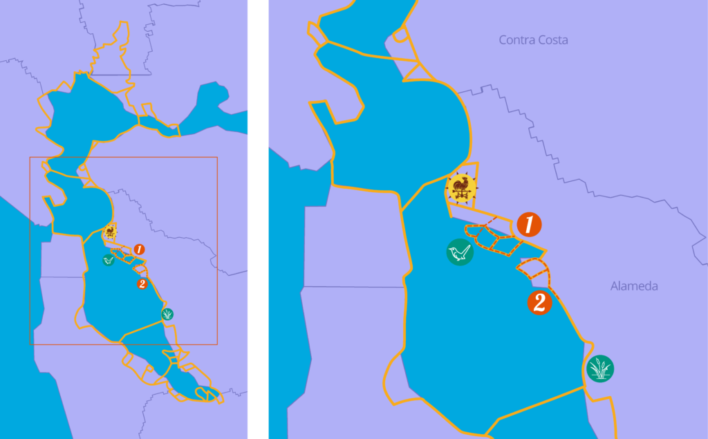 Map of East Bay with Bay Trail outline and map keys
